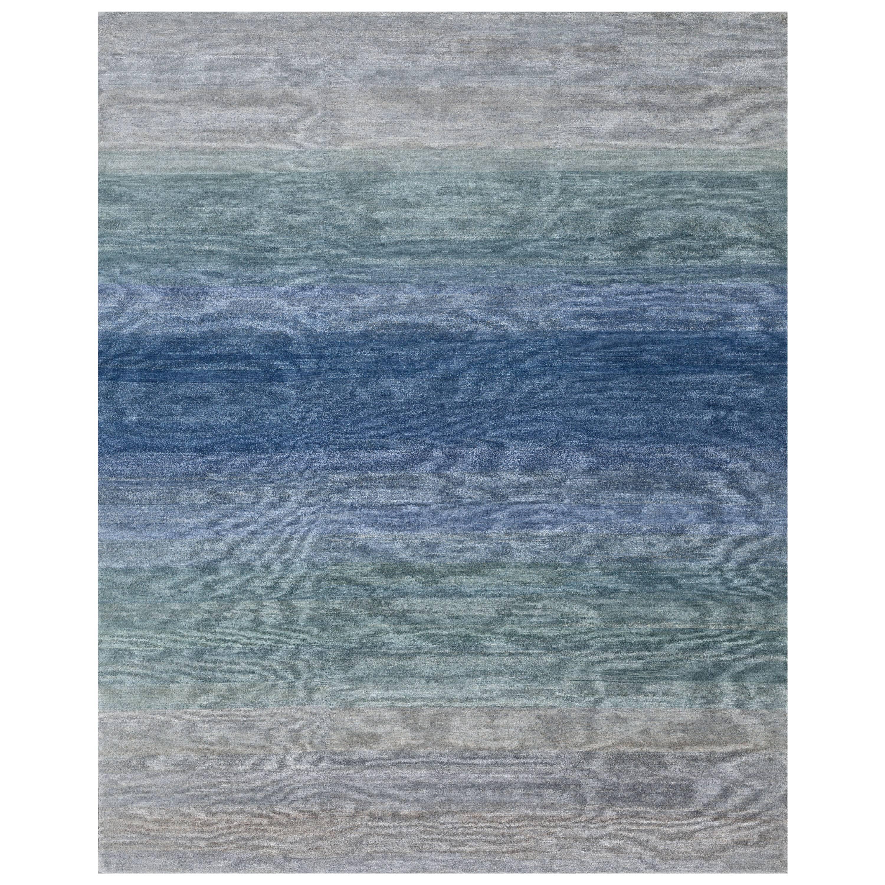 'Fade, Blues' Hand-Knotted Tibetan Rug Made in Nepal by New Moon Rugs