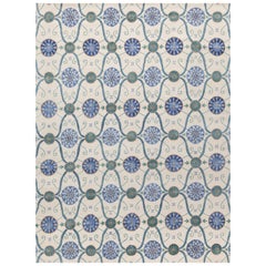'Josephine, Ivory/Blue' Hand-Knotted Tibetan Rug Made in Nepal by New Moon Rugs