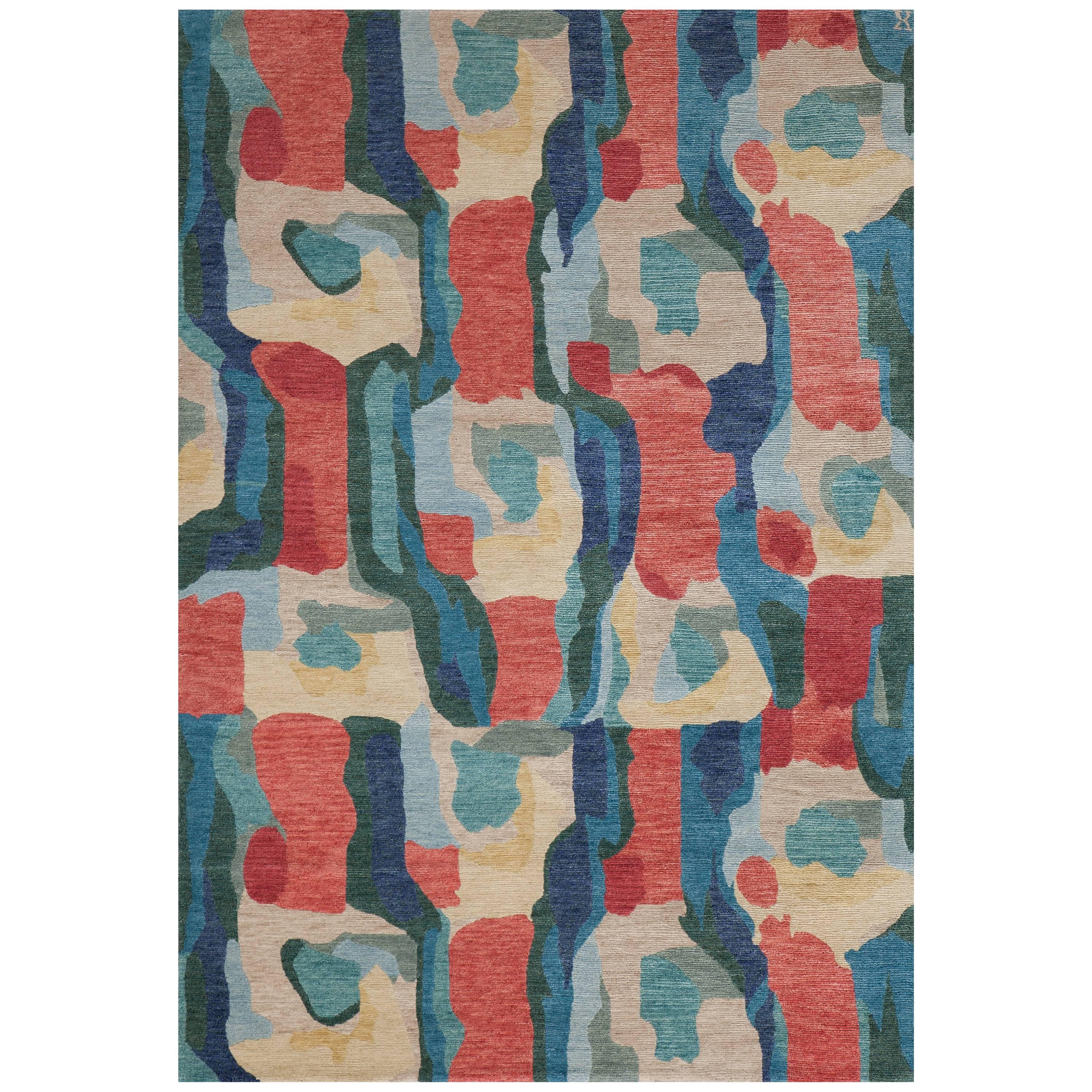 'Kigali, Red/Indigo' Hand-Knotted Tibetan Rug Made in Nepal by New Moon Rugs For Sale