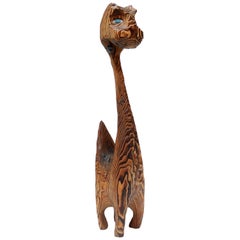 Striking Bocote Wood Sculpture of a Cat with Blue Eyes