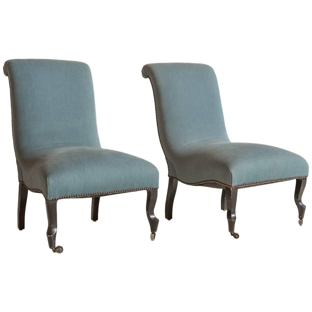 Pair of French Slipper Chairs on Casters Newly Upholstered in Blue Fabric