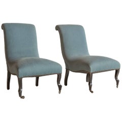 Pair of French Slipper Chairs on Casters Newly Upholstered in Blue Fabric