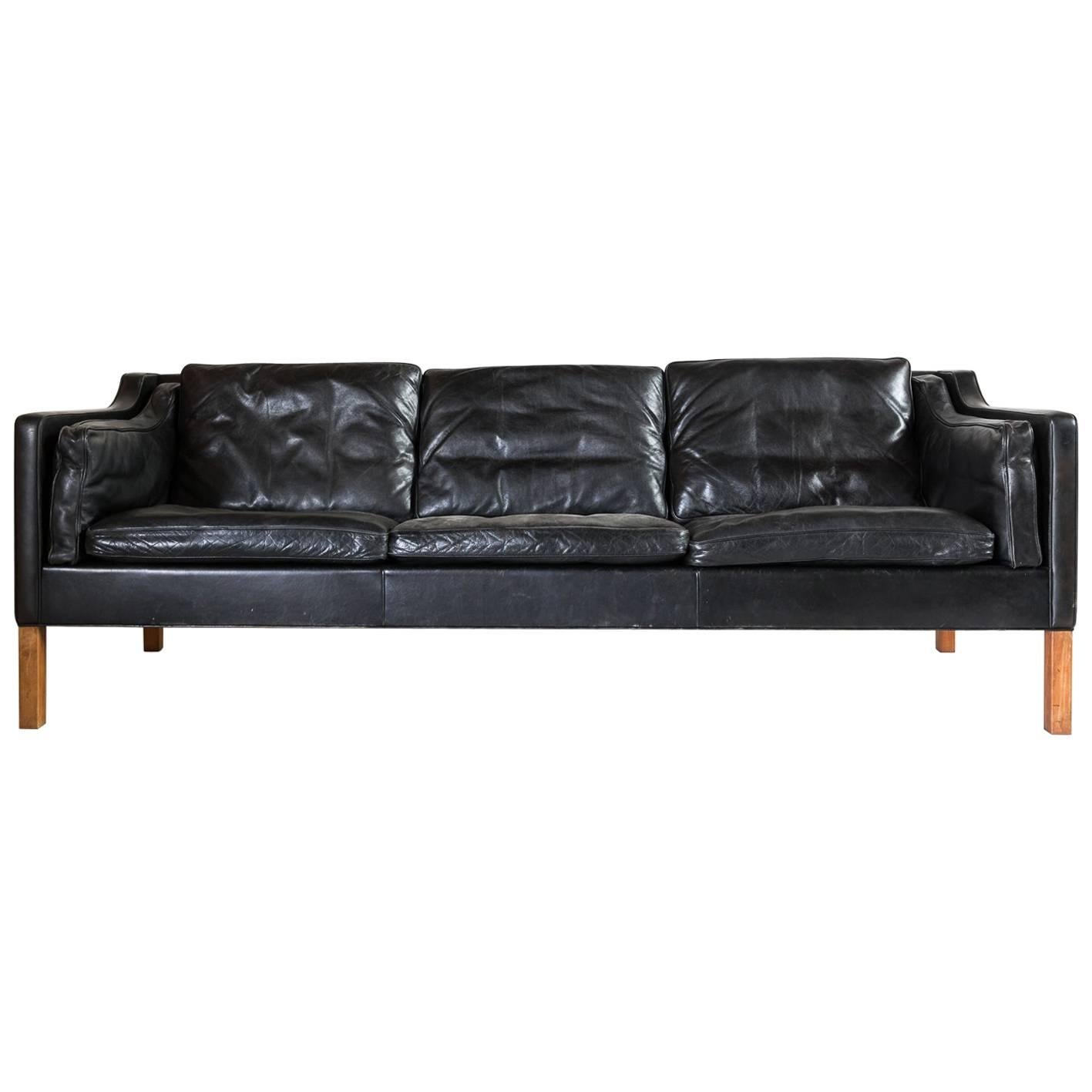 Black Leather Borge Mogensen Style Sofa