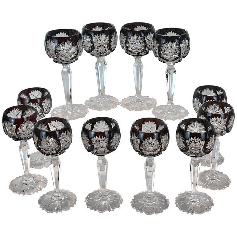 Set of 12 Antique Cranberry Red and Clear Crystal Engraved Cordial Wine  Glasses For Sale at 1stDibs