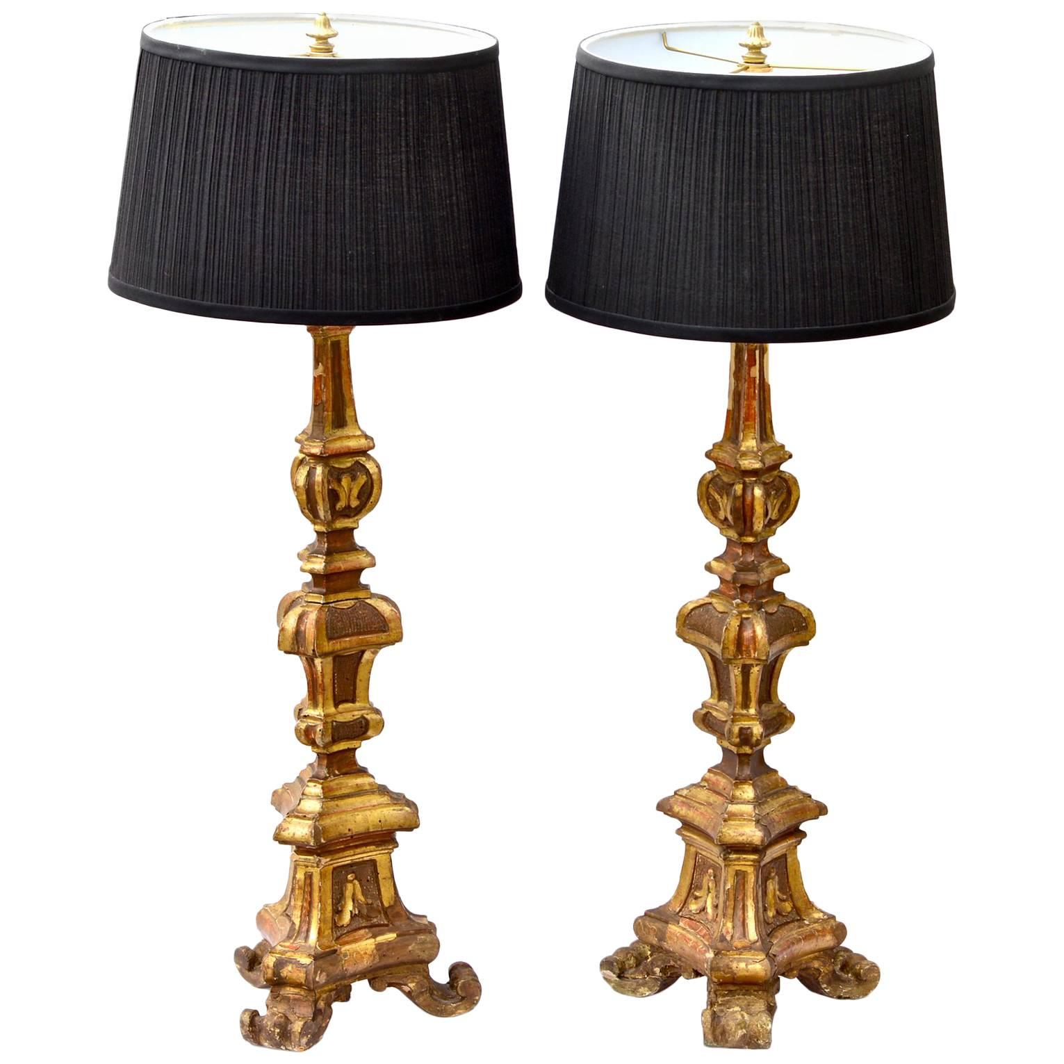 19th Century Italian Giltwood Candlestick Lamps