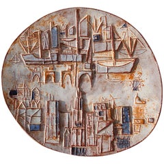 Signed Ceramic Charger with Abstract Maritime Cityscape, 1950s