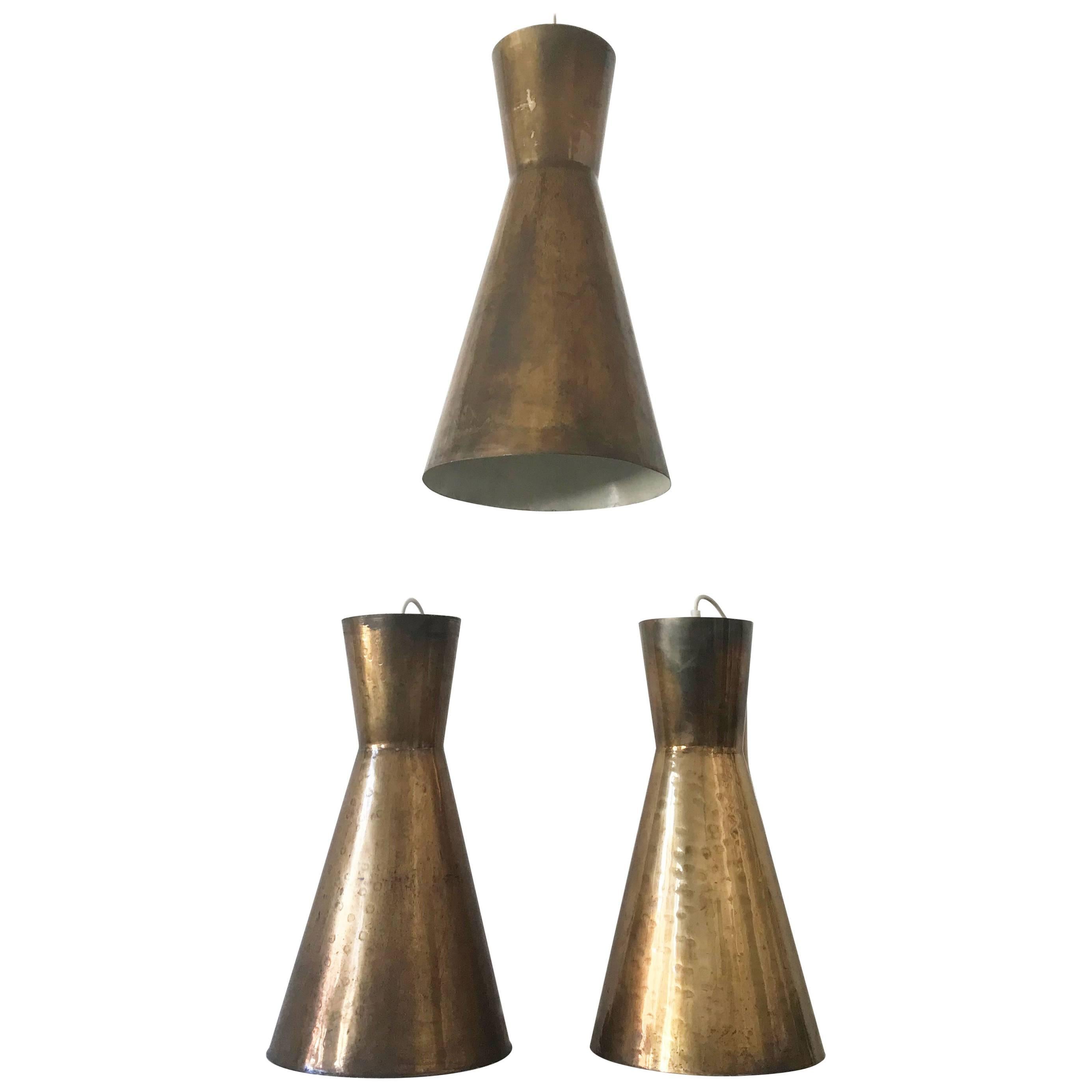 Set of Three Large Mid Century Modern Diabolo Brass Pendant Lamps Germany 1950s