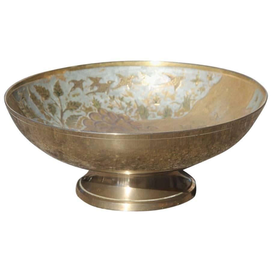 Brass Bowl with Engravings and Oriental Enamels For Sale