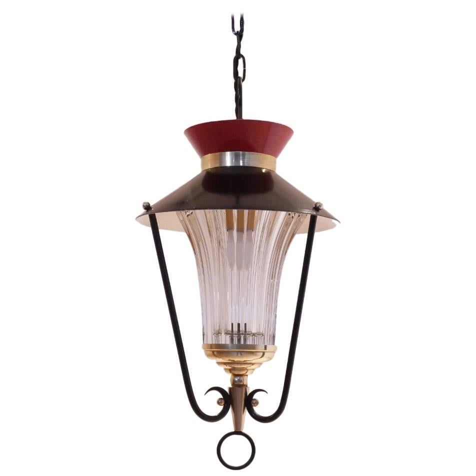 Midcentury French Bicolored Glass & Metal Lantern For Sale