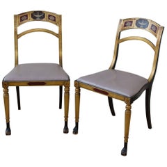 19th Century Regency Chairs with Hand-Painted Backs Leather Seats, Pair