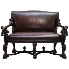 Antique Andrea Brustolon Carved Venetian Baroque Walnut Settee Sofa Bench Brown Leather