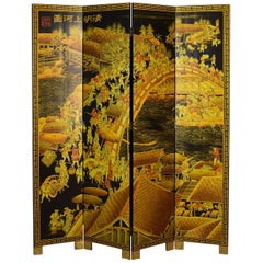 Oriental Four Panel Folding Screen, Double Sided Room Divider, Partition