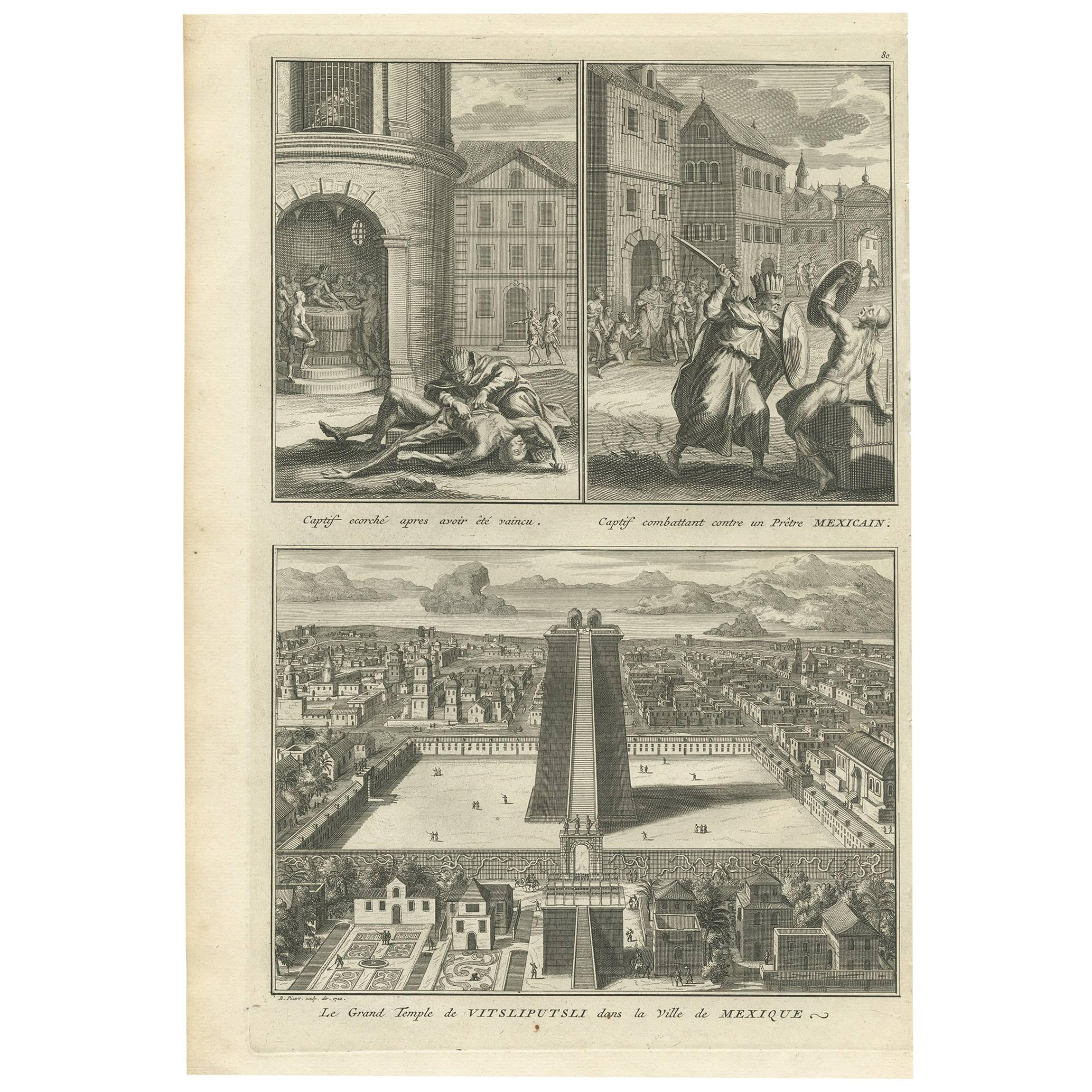Antique Print of Captives and the Great Temple of Vitsliputsli "Mexico"