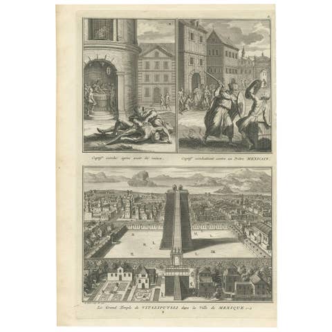 Antique Print of Captives and the Great Temple of Vitsliputsli "Mexico"