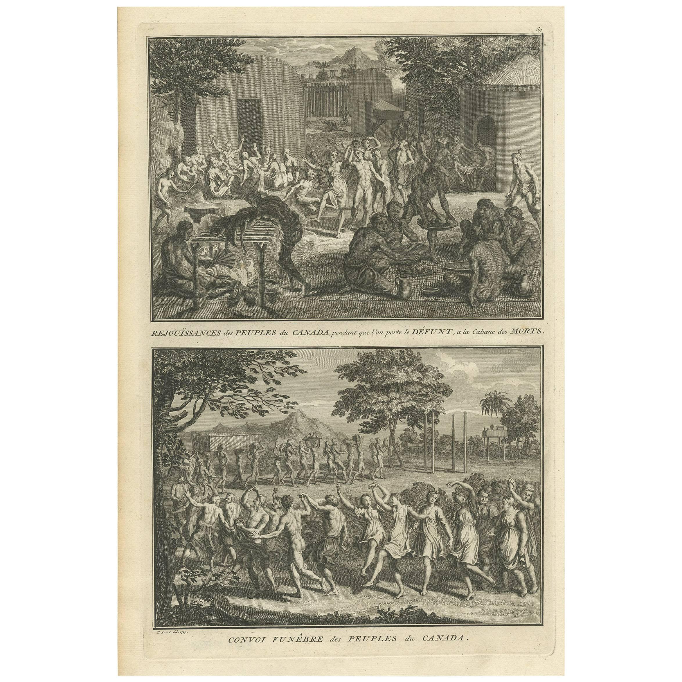 Impression ancienne de cérémonies funéraires du peuple canadien par B. Picart, 1723