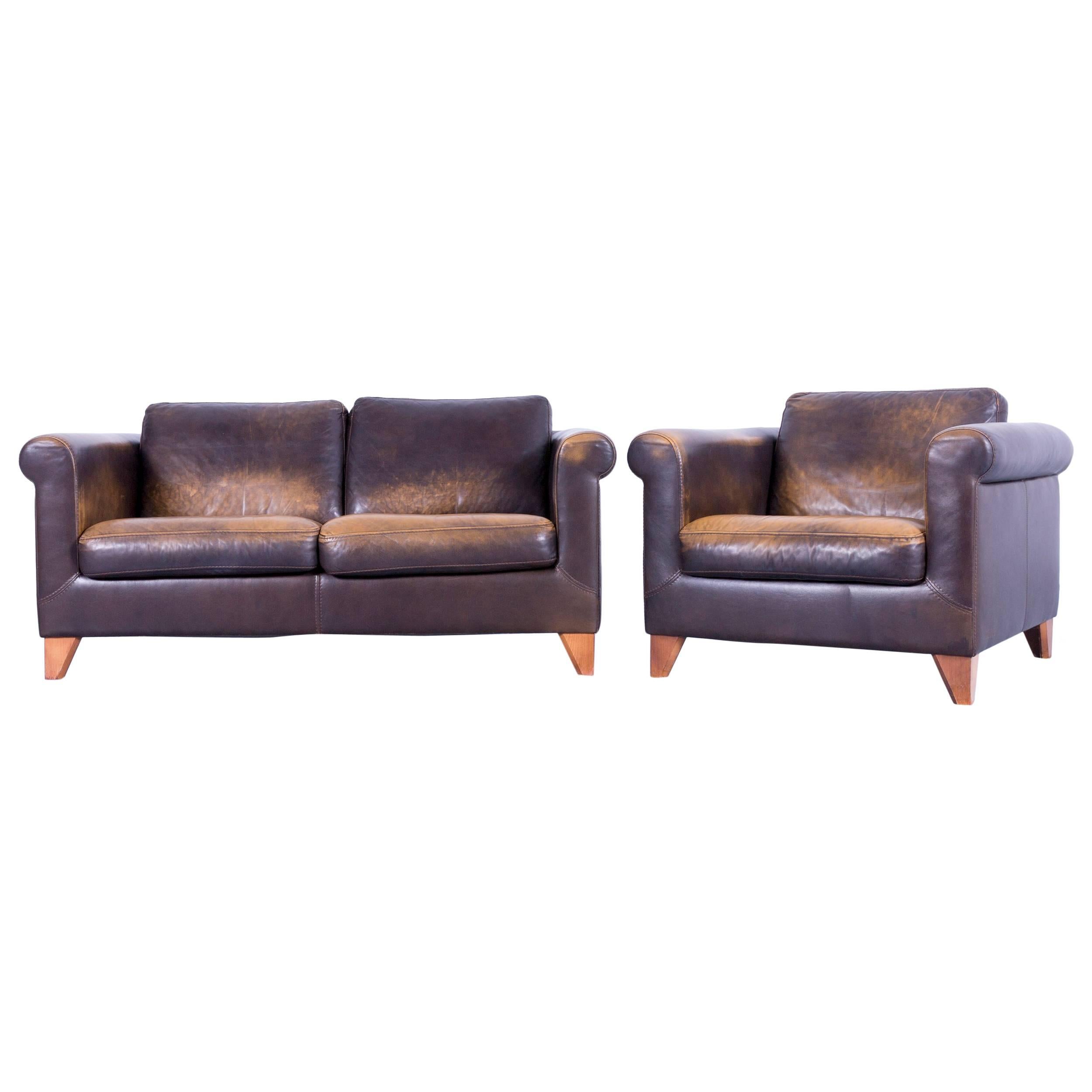 Machalke Designer Two-Seat Sofa Set and Armchair Leather Brown Couch Modern