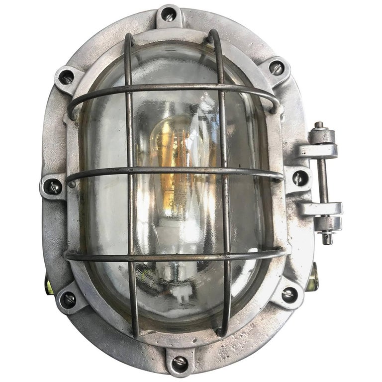 Extra Large British Industrial Aluminium Bulkhead Light, Glass Dome and  Steel Cage