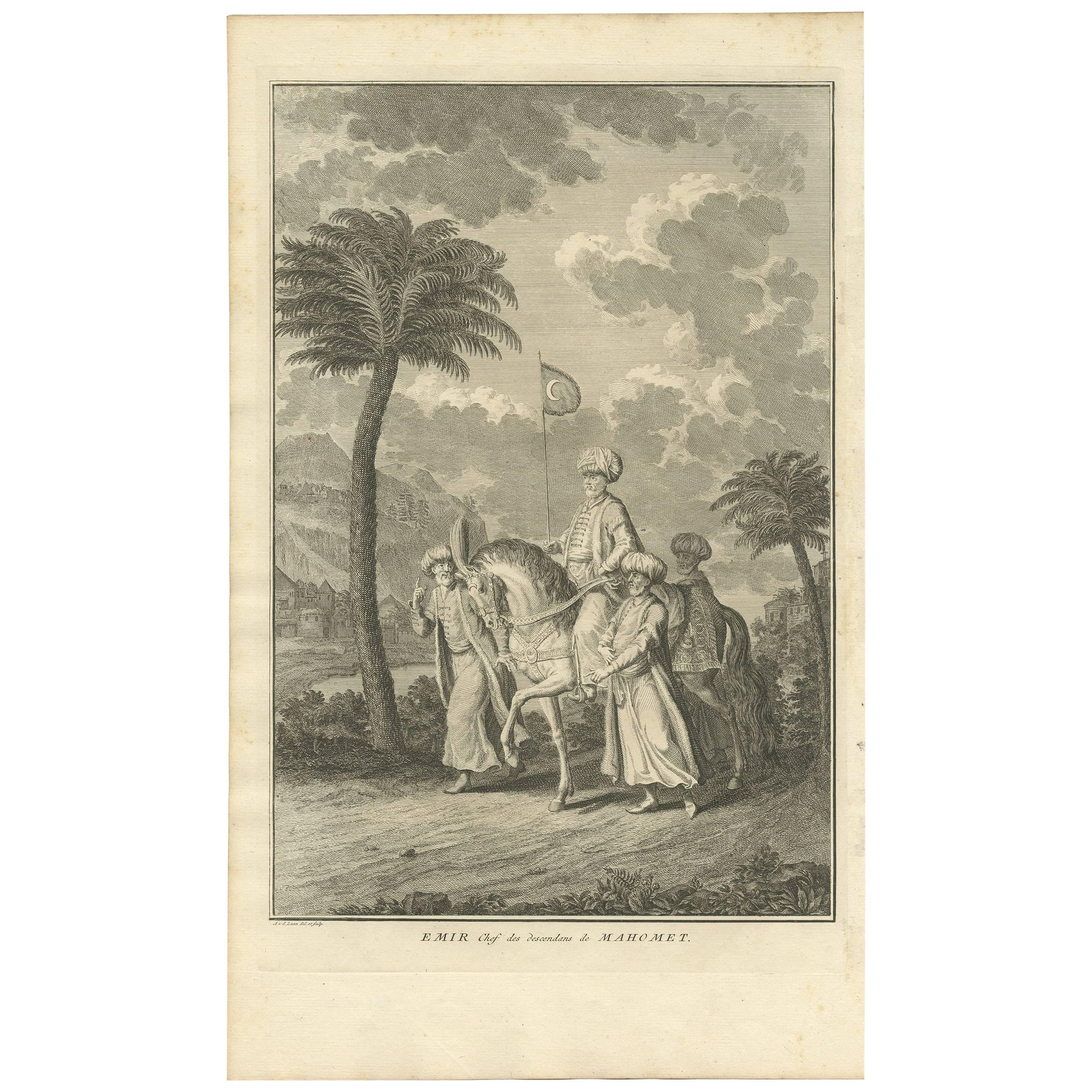 Antiker Druck eines islamischen Emirs auf einem Pferd von A. V.D. Laan, 1727 im Angebot