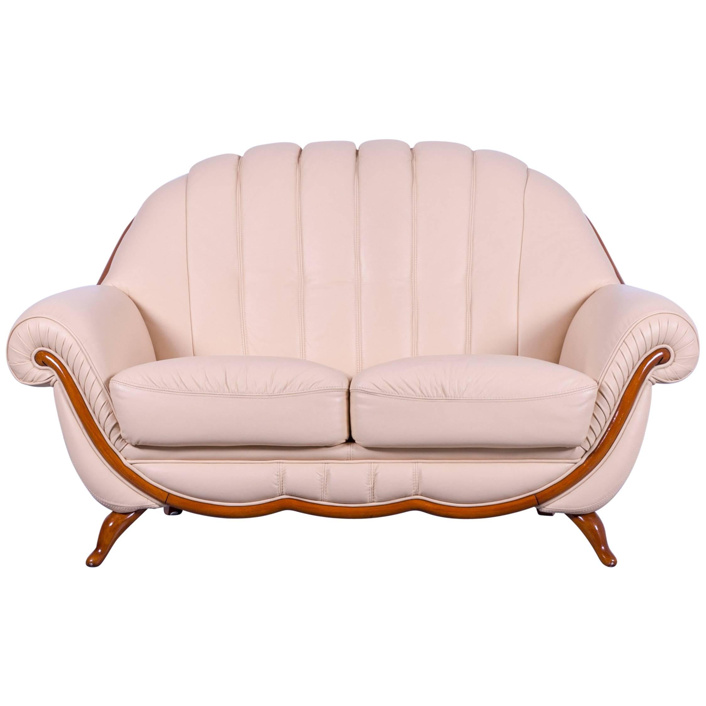 Nieri Designer Sofa Creme Beige Leather Two-Seat Couch Wood