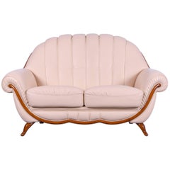 Nieri Designer Sofa Creme Beige Leather Two-Seat Couch Wood