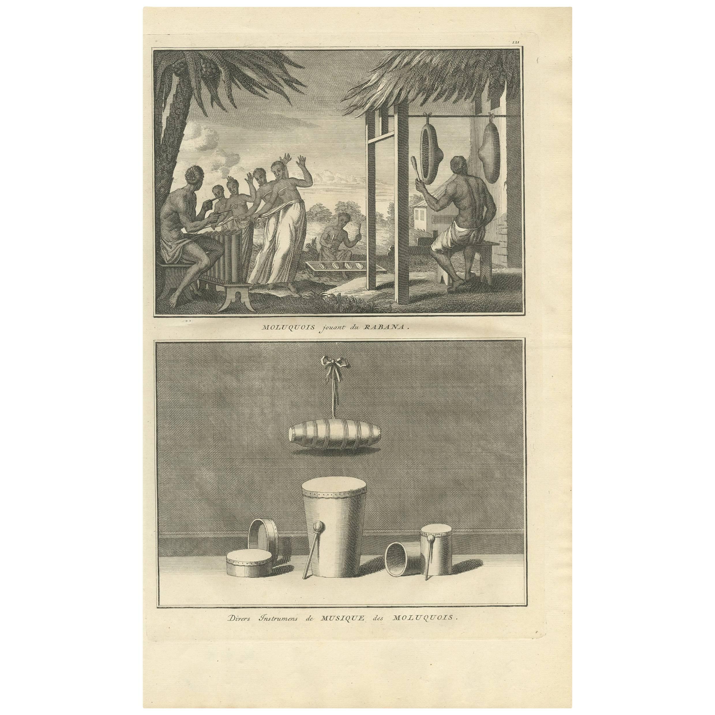 Antique Print of Moluccans Playing the Rabana and Music Instruments "Indonesia" For Sale