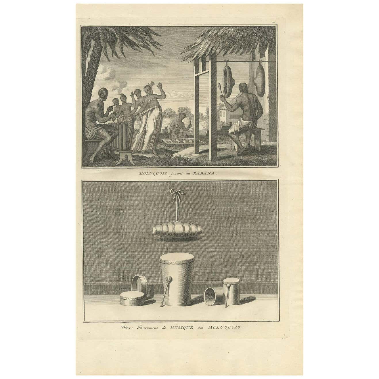 Antique Print of Moluccans Playing the Rabana and Music Instruments ...