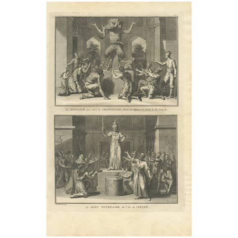 Antique Print of a Sinhalese Deity and a Guardian Deity of Ceylon, Sri Lanka
