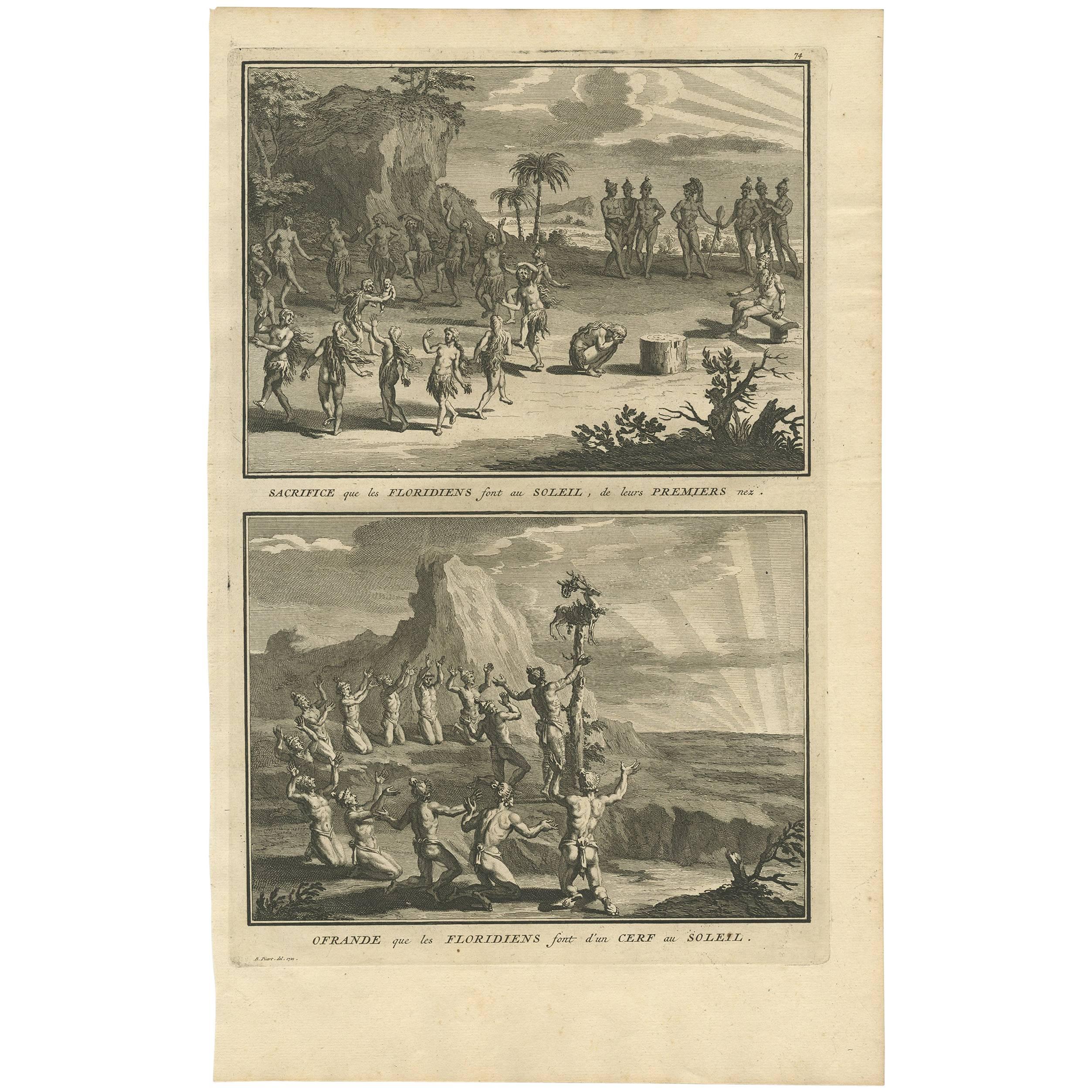 Antique Print of the Floridians Sacrificing to the Sun by B. Picart, 1721