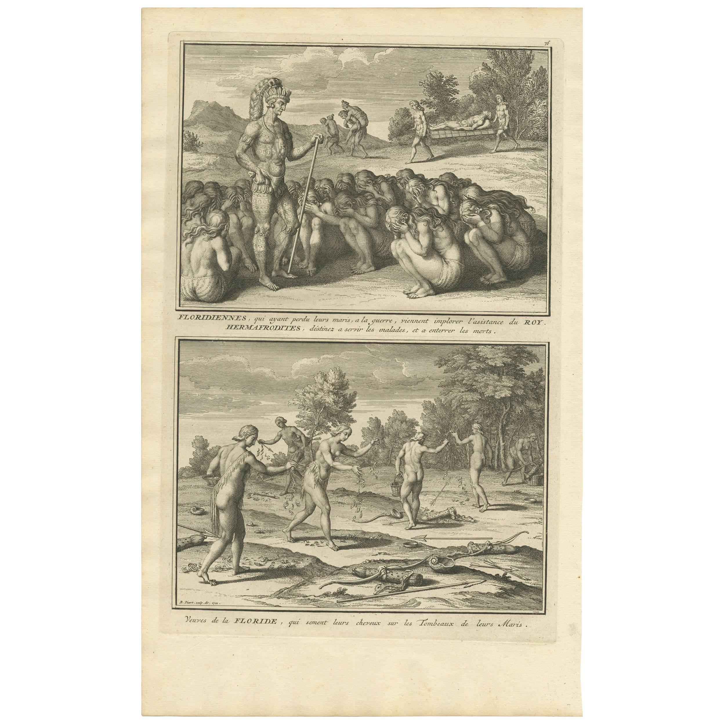 Impression ancienne de veuves en Floride par B. Picart, 1721