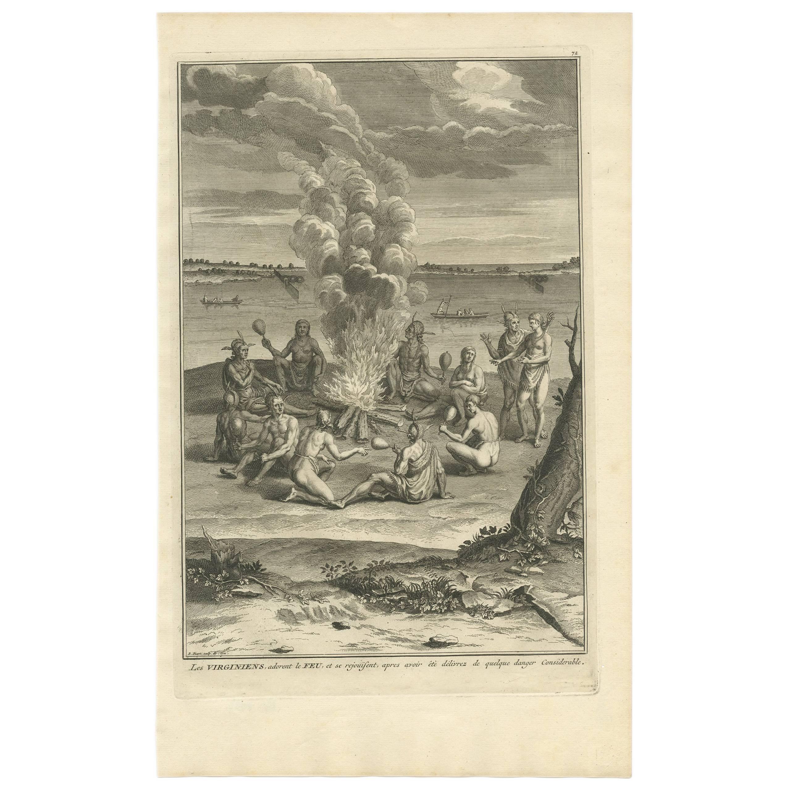 Antique Print of a Gathering Around a Fire in Virginia by B. Picart, 1721