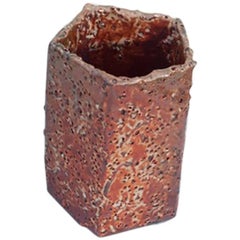 Handmade Wood-Fired Faceted Textured Receiver Vase Five-Sided, Bronze Ceramic