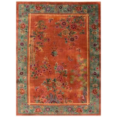 Vintage Distressed Orange and Teal Chinese Art Deco Carpet, 10x13.05
