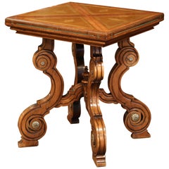 19th Century French Louis XIII Carved Walnut Game Table with Leather and Felt