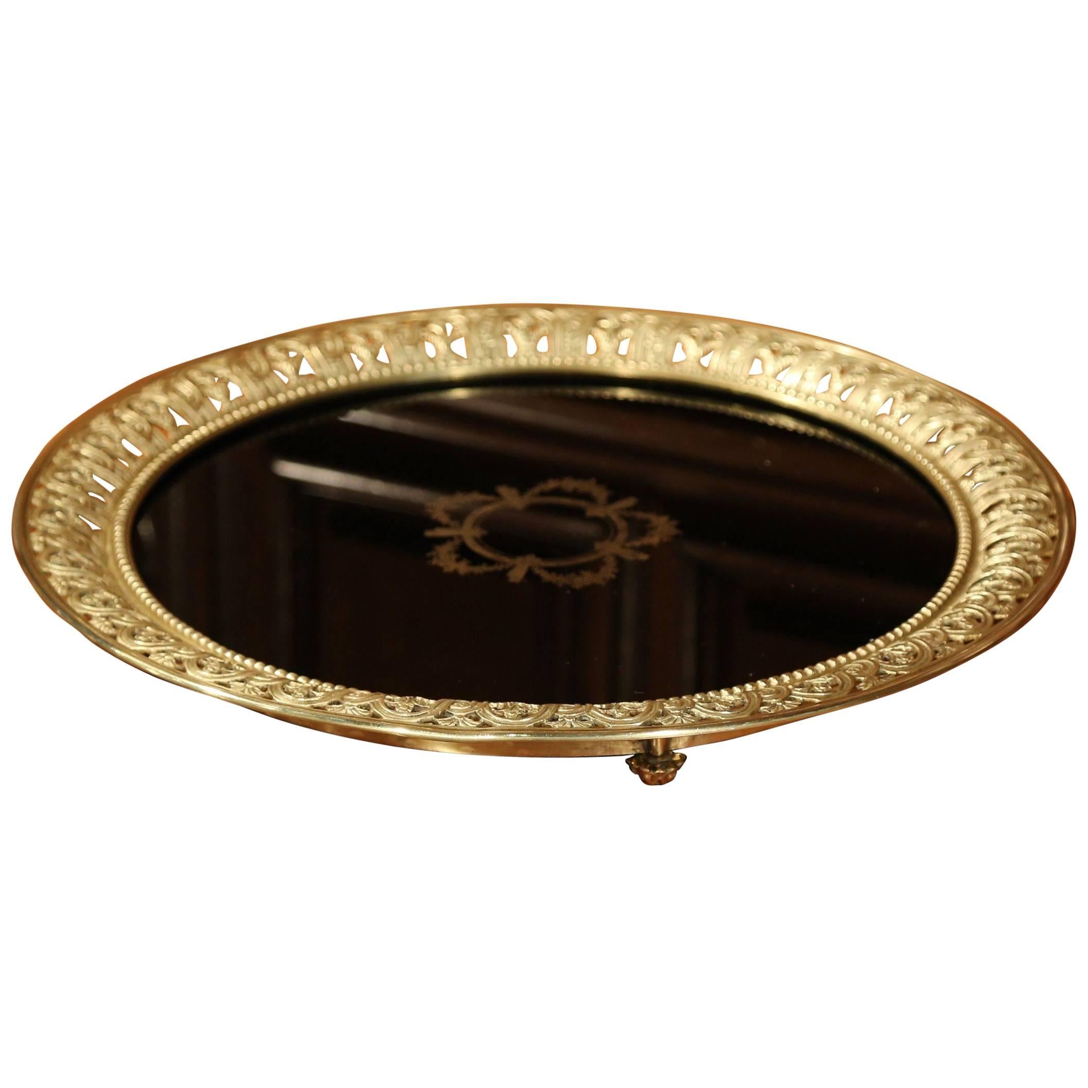 19th Century French Black Plateau Tray with Bronze Gallery and Gilt Decor