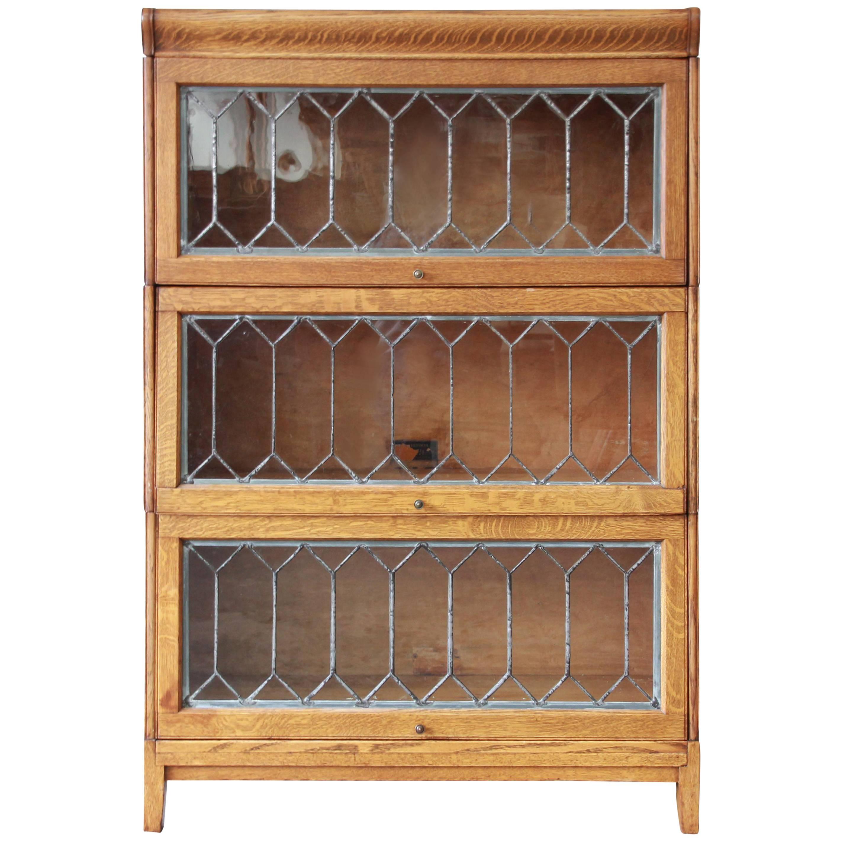 Antique Tiger Oak Three-Stack Barrister Bookcase with Leaded Glass Doors