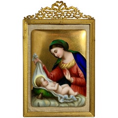 Antique French Hand-Painted Madonna and Child on Porcelain