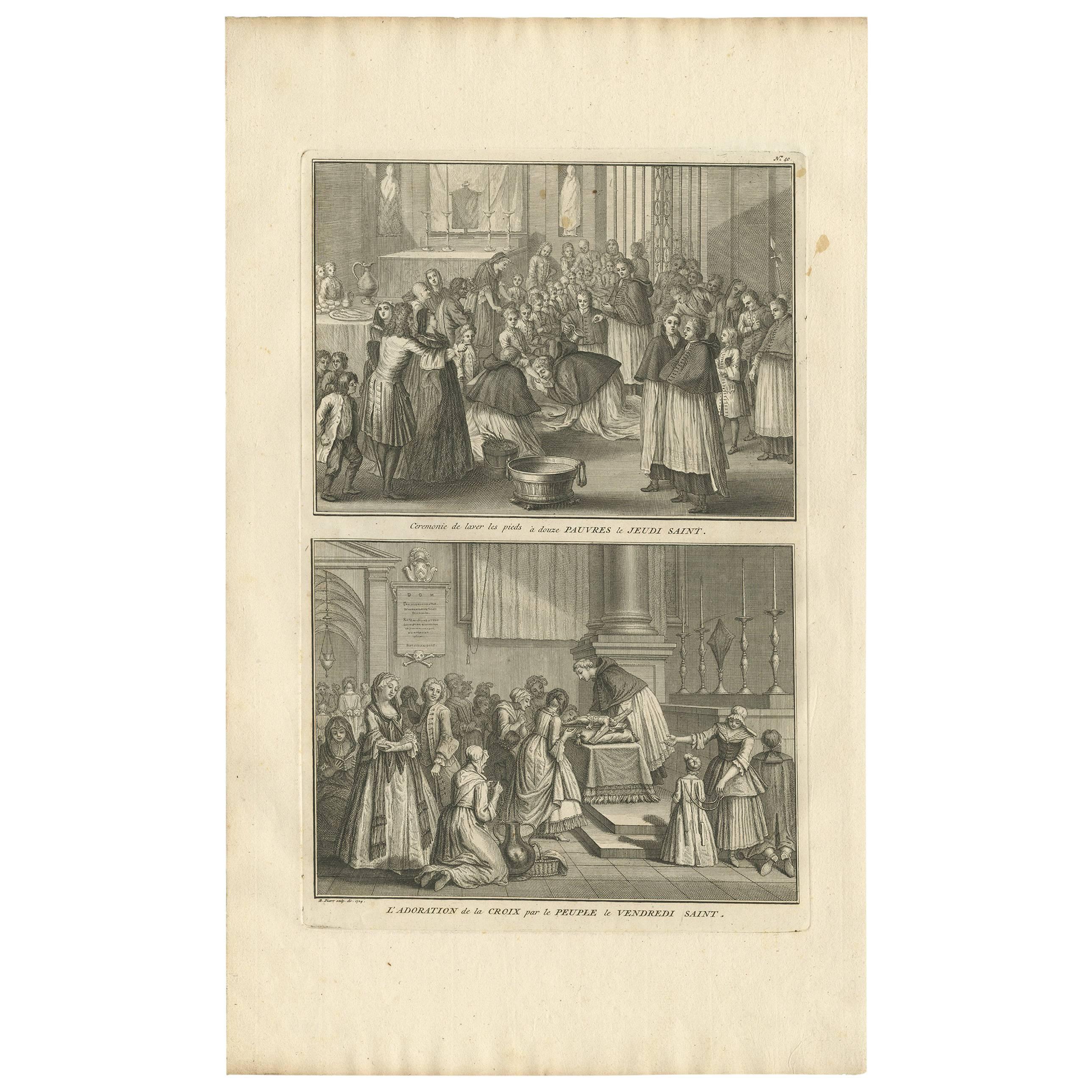 Impression ancienne de deux cérémonies religieuses par B. Picart, 1724