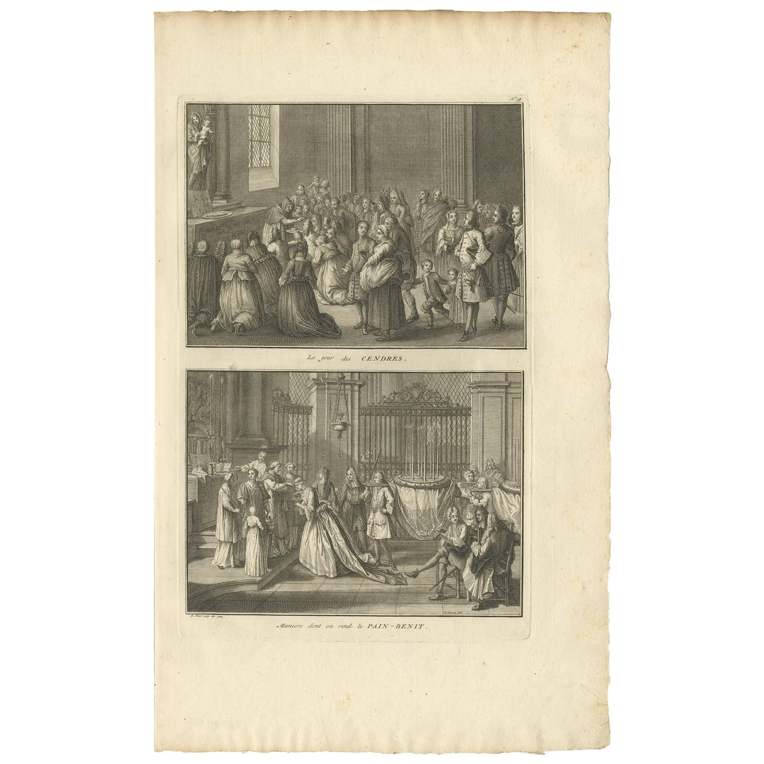 Impression ancienne de deux cérémonies catholiques par B. Picart, 1724