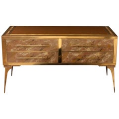 Mid-Century Modern Powder Pink Chest of Drawers in Brass, Murano Glass and Wood