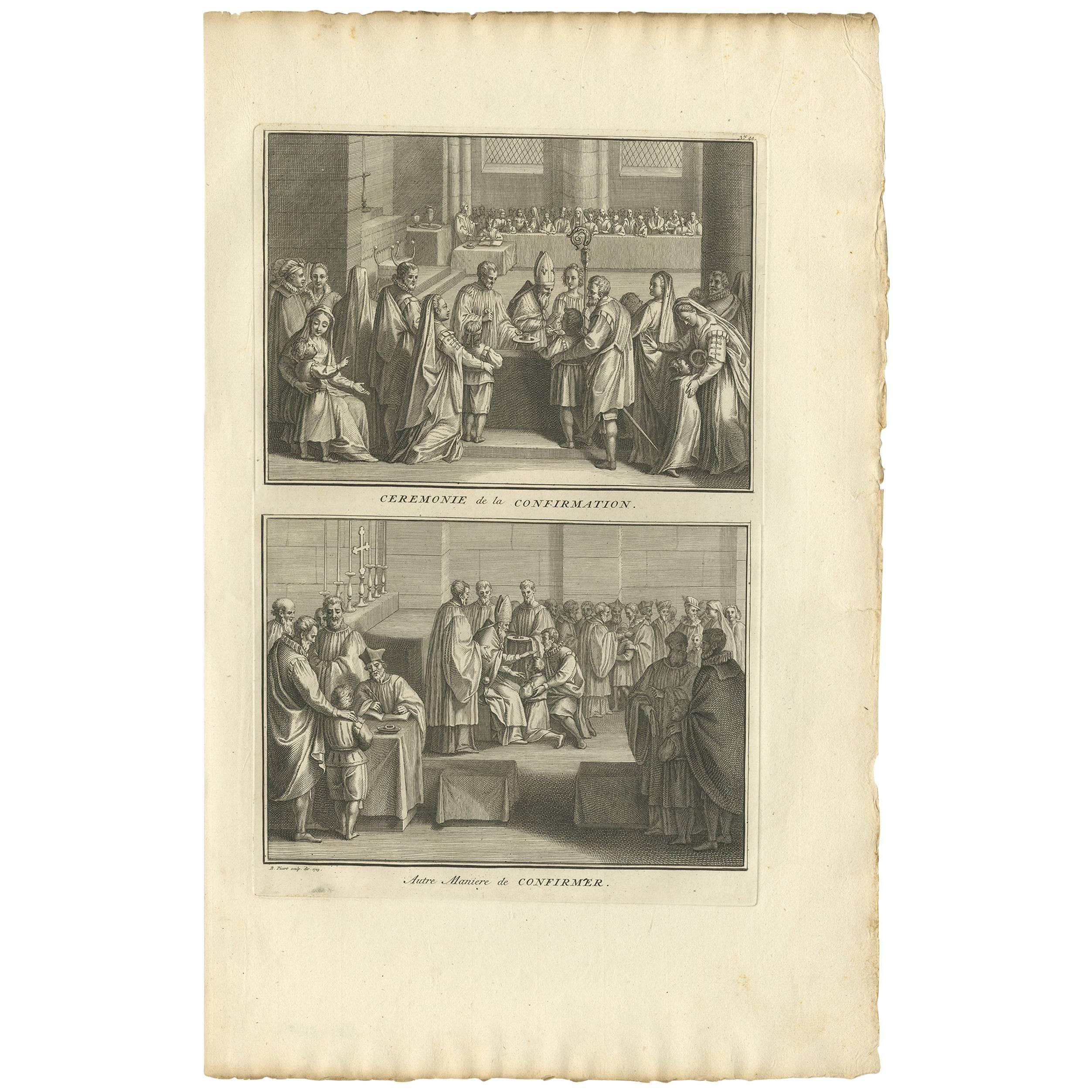 Impression ancienne illustrant le cérémonie de la confirmation par B. Picart, 1723