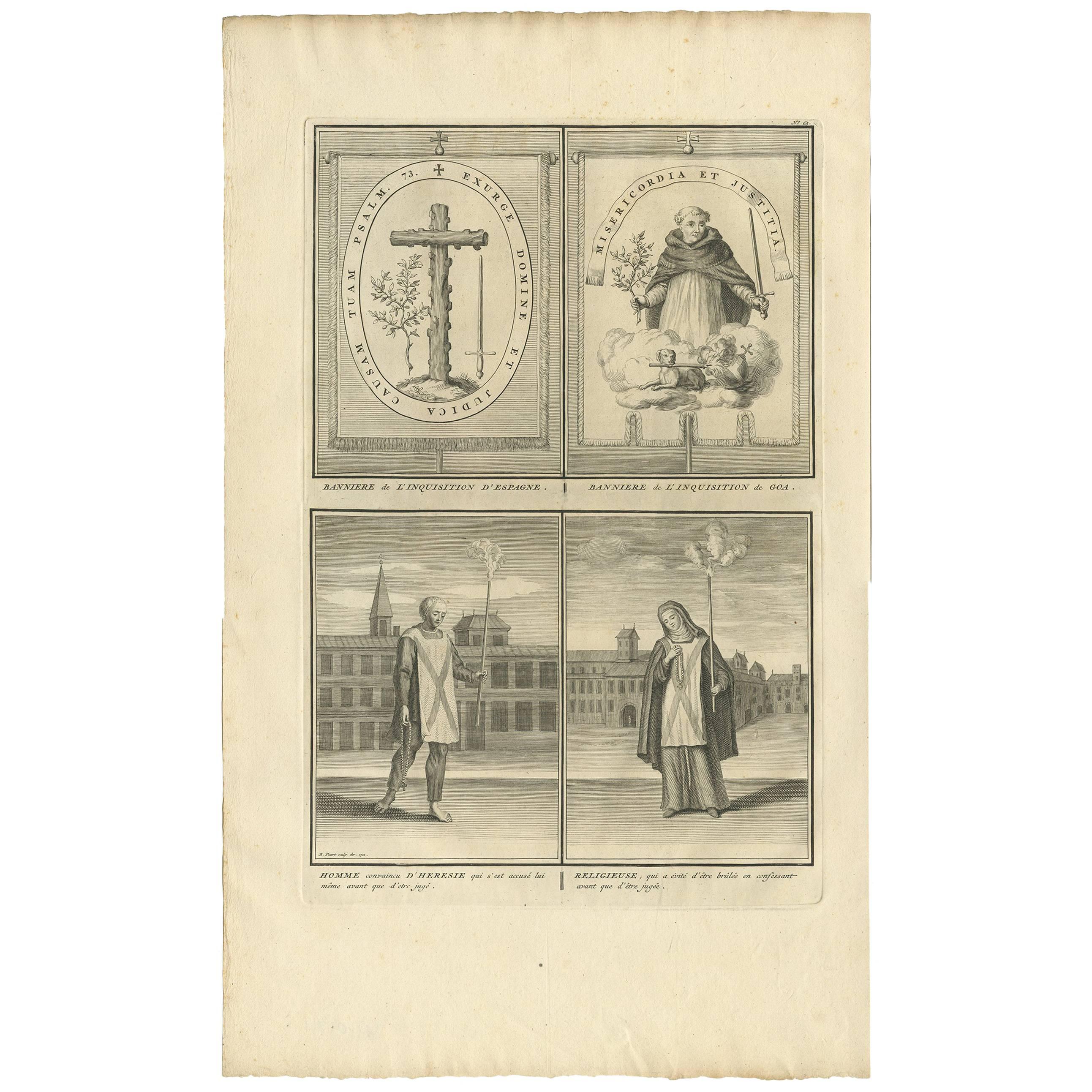 Antiker Druck von Inquisitionsbannern und religiösen Menschen von B. Picart, 1722