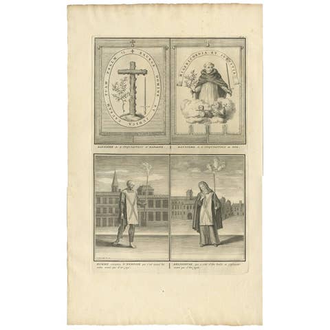 Antique Print of Inquisition Banners and Religious People by B. Picart, 1722