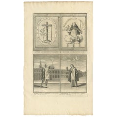 Grabado antiguo de Estandartes de la Inquisición y religiosos de B. Picart, 1722