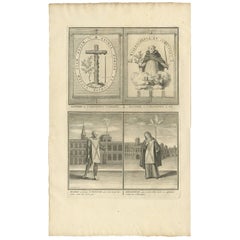 Impression ancienne de bannières d'inquisition et de personnes religieuses par B. Picart, 1722