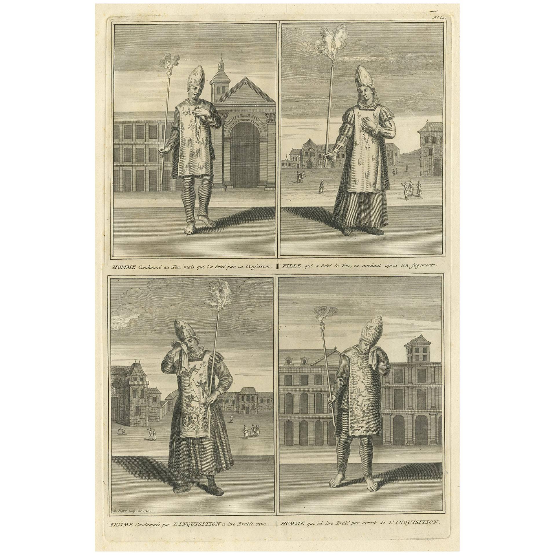 Antique Print of Four Prisoners of the Inquisition by B. Picart, 1722 For Sale