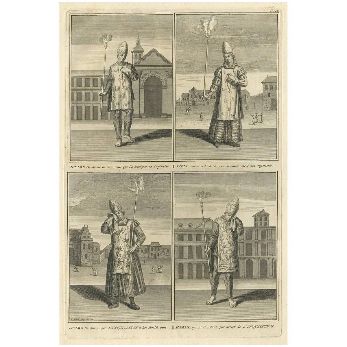 Antique Print of Four Prisoners of the Inquisition by B. Picart, 1722