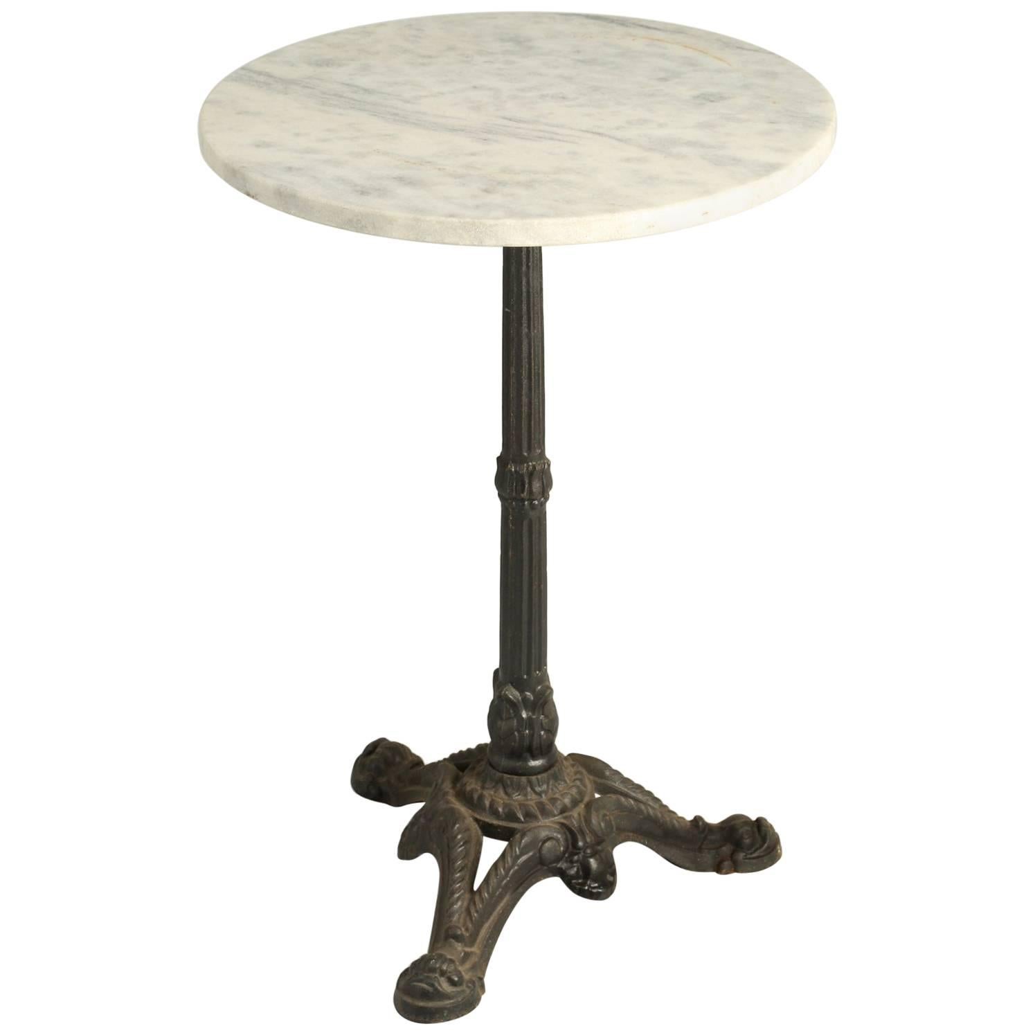 French Bistro Table in a White Marble Top and Cast Iron Base
