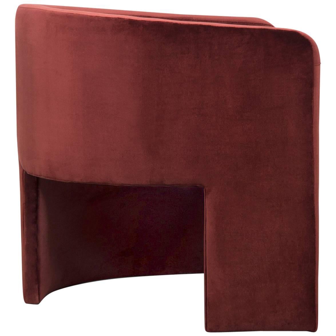 Asymmetric Modern Style Martinique Chair in Lush Bordeaux Velvet Upholstery For Sale
