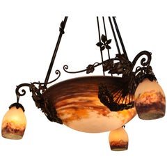 French Art Nouveau Wrought Iron and Art Glass Chandelier by Muller Freres