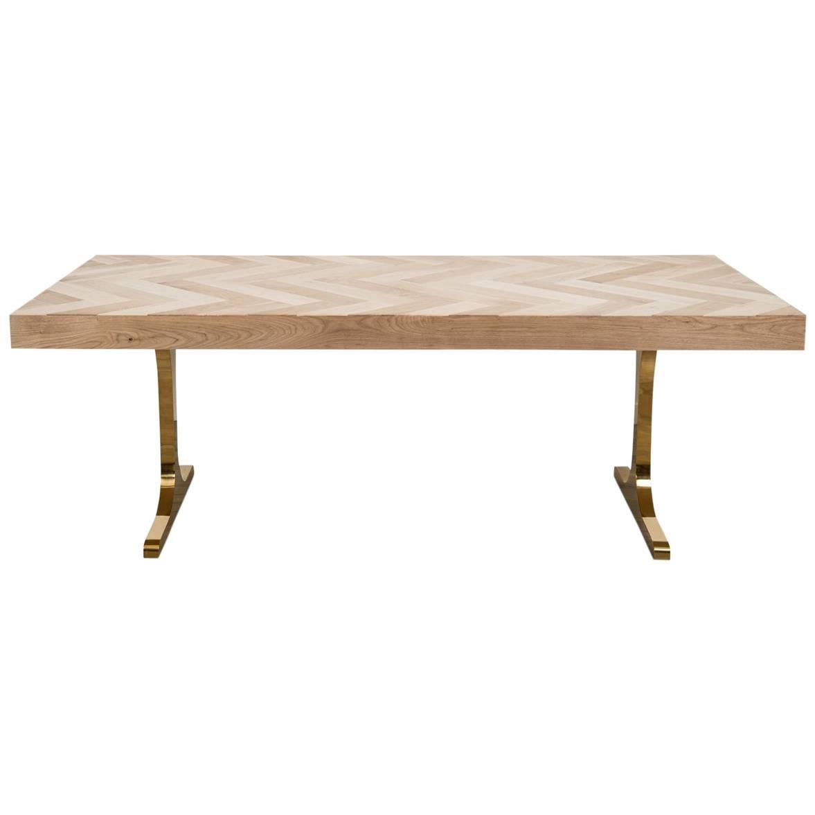 Modern Wood Dining Table with Bleached Walnut Herringbone Pattern & Brass T-Legs
